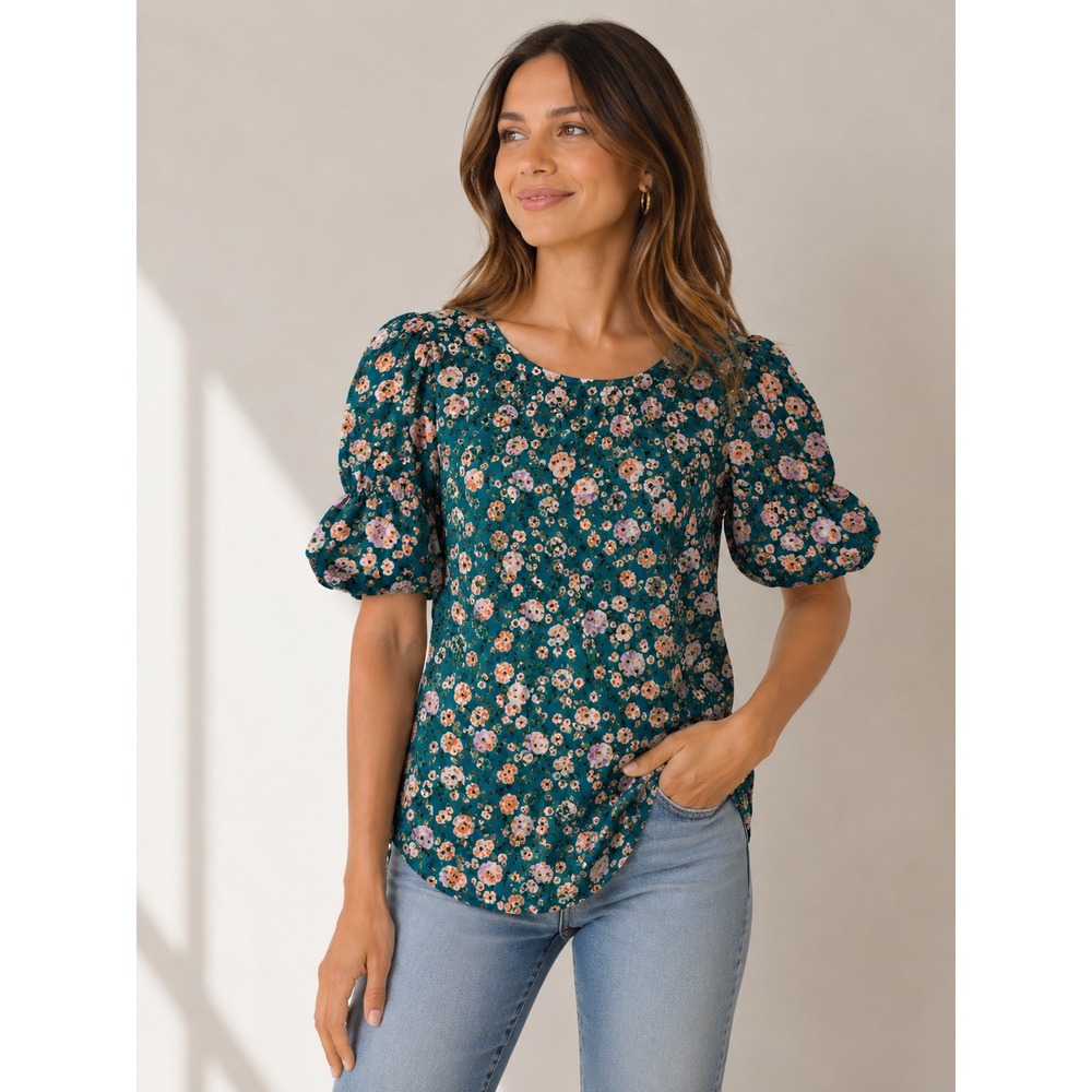 Pleione Teal Green Floral Puff Sleeve Blouse Size Medium